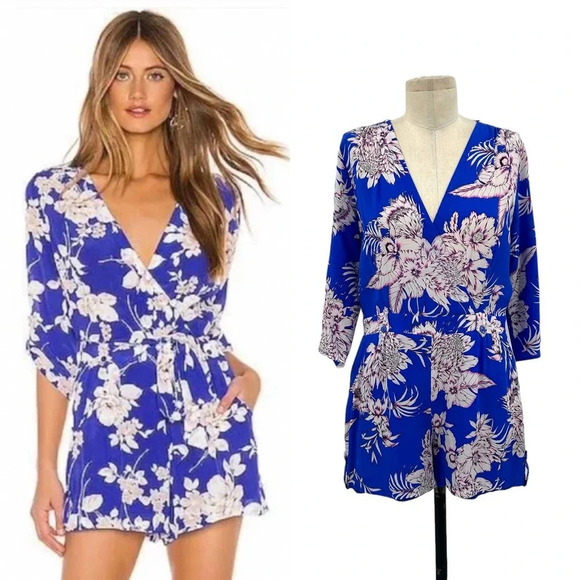 Yumi‎ Kim Liz Silk Romper Tahiti Sunrise Royal Blue Floral Print Size Medium - Picture 1 of 10